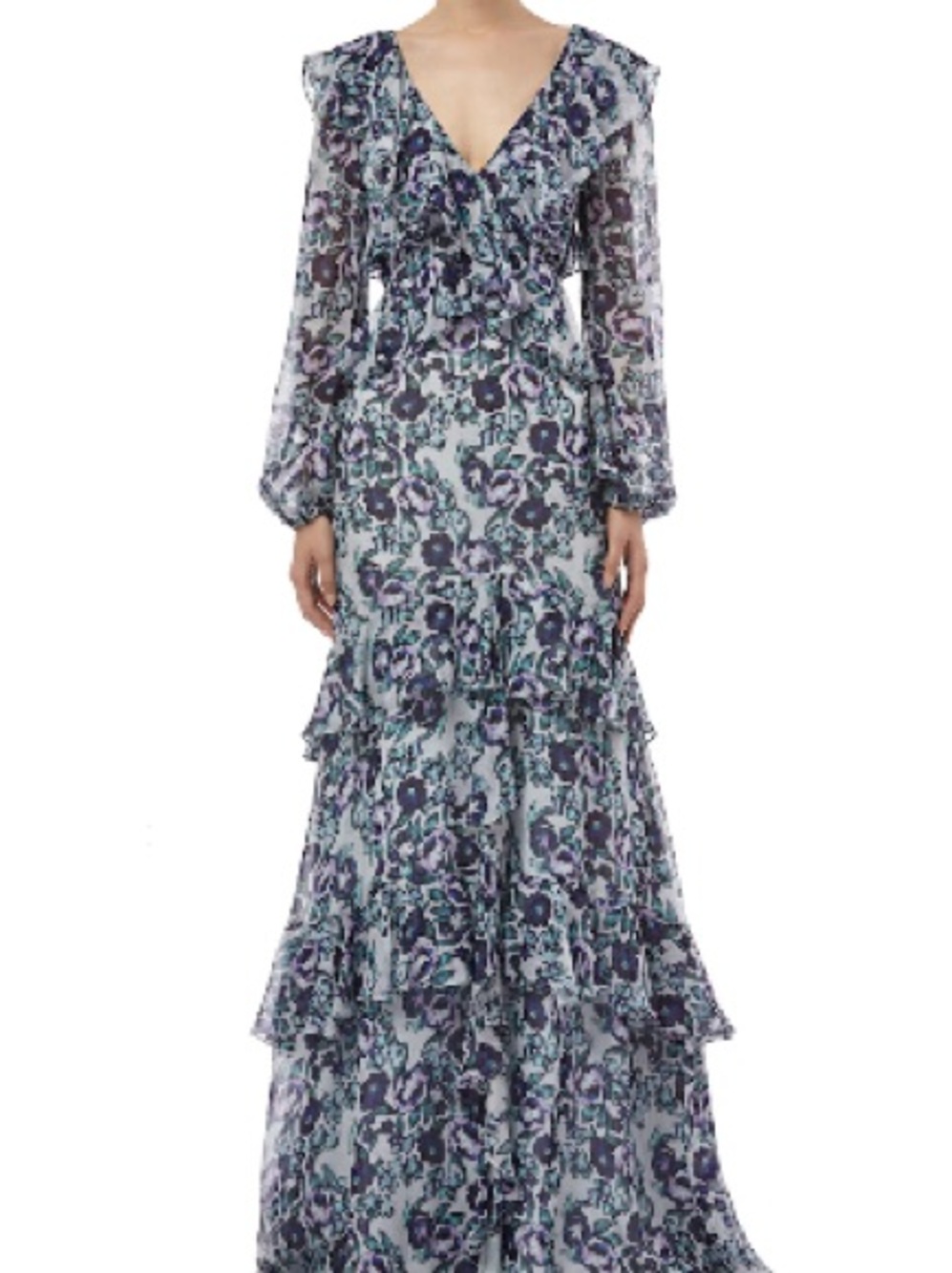 AMUR 100% silk Light Blue and Purple Floral Ruffle Maxi Dress